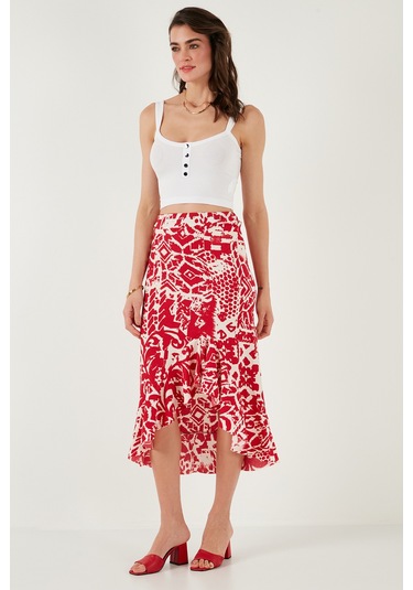 Lela Regular Fit Desenli Yüksek Bel Volanlı Midi Boy Yırtmaçlı Bayan Etek 5869013 Bordo