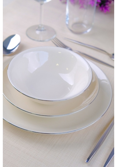 Tabak Evi Chic Platin Porselen Yemek Takımı 24 Parça 6 Kişilik Beyaz - Gümüş