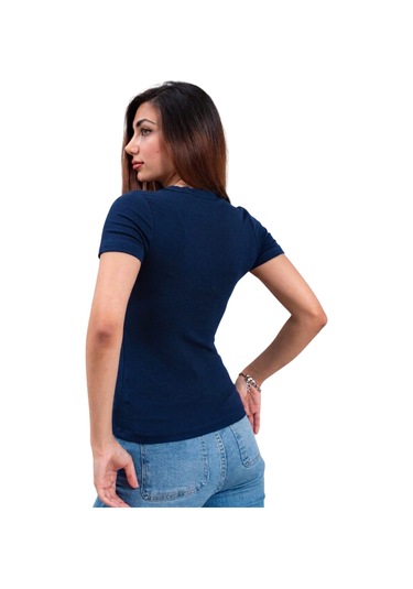 Thiff Kadın Ribana Buzy V Yaka T-shirt Tişört Lacivert