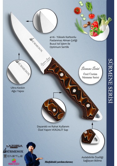 Sürmene Serisi Mutfak Bıçak Et Ekmek Sebze Salata Bıçağı Kahverengi No:3 Mft-207 Kahverengi
