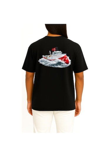Bahriyeli Collection Oversize Rv Barbaros Hayreddin Paşa Dalgalar Arası Göğüs Ve Sırt Baskılı Unisex T-shirt Siyah