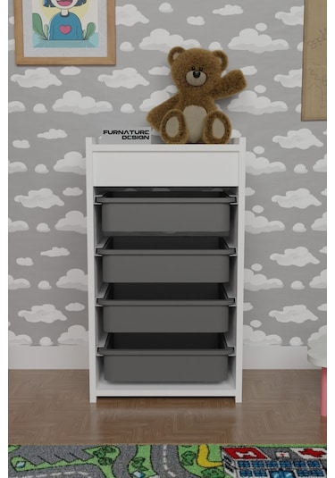 4 Sepetli Oyuncak Dolabı Çok Amaçlı Mutfak Dolabı Beyaz - Gri Beyaz