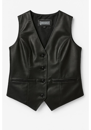 Hakiki Deri Siyah Kadın Yelek Siyah