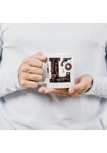 L Harfi Kovboy Temalı Bardak 330 Ml İsim / Harf Kişiye Özel Hediye - Vahşi Batı Konsept Beyaz