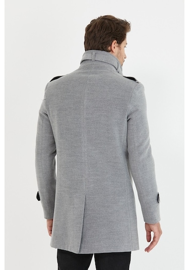Erkek Açık Gri Dar Kesim Dik Yaka Uzun Kaşe Kaban-Açık Gri