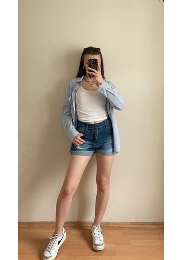 Pass&pass 2060 Kadın Lazerli Duble Paça Jeans Denim Kot Şort Mavi