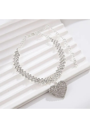 Kalpli Kristal Taşlı Halhal Gümüş Kaplamalı Gümüş Kaplama