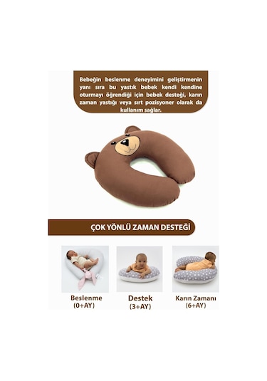 Mordesign Çift Taraflı Emzirme Yastığı Bebek Destek Minderi Hamile Yastığı Pamuk Kumaş Morbear Serisi Zg10047