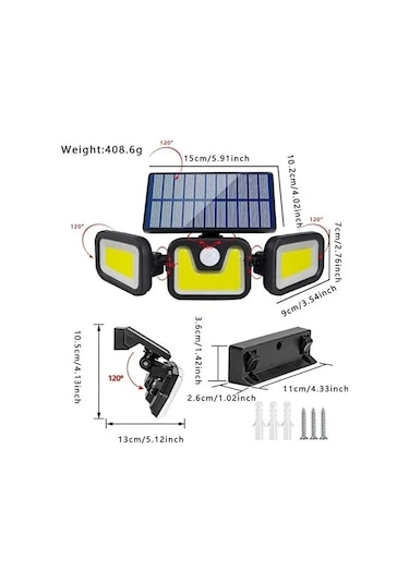 Üçlü Solar Led Projektör Beyaz Işık Sensörlü Dış Mekân Aydınlatma 4741