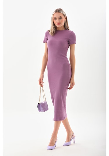 Mor Kısa Kollu Diz Altı Fitilli Esnek Kalem Elbise - 130 Cm