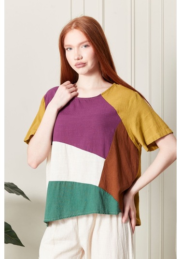 Keten Gökkuşağı Asimetrik Kesim Bluz Renkli Ve Şık Tasarım SAFRAN