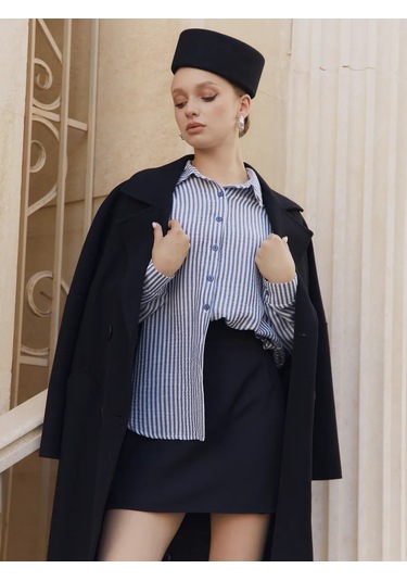 Shabrand Uzun Keten Çizgili Oversize Gömlek 450933791 Mavi