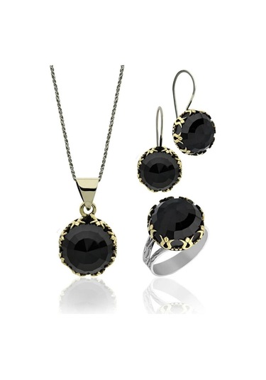 Oniks Taşlı Lale Motifli Yuvarlak Otantik Gümüş Kadın Set Rs10023