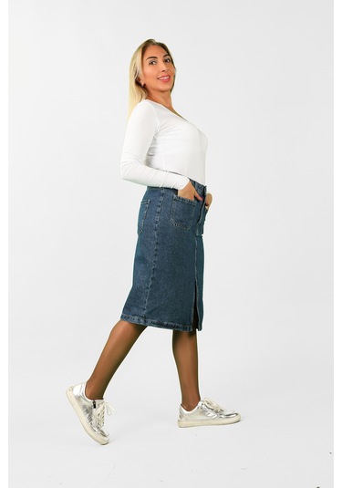 Kadın Önden Cepli Kot Etek Mavi