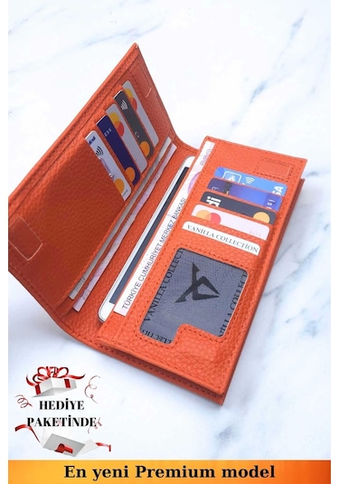 Telefon Bölmeli Unisex Turuncu Cüzdan Mıknatıslı Ve El Bantlı Büyük Paraportföy El Çantası Turuncu