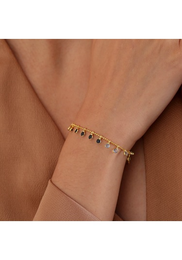 Queen Silver Jewelry 925 Ayar Gümüş Mavi Renk Geçişli Top Zincirli Bileklik Altın