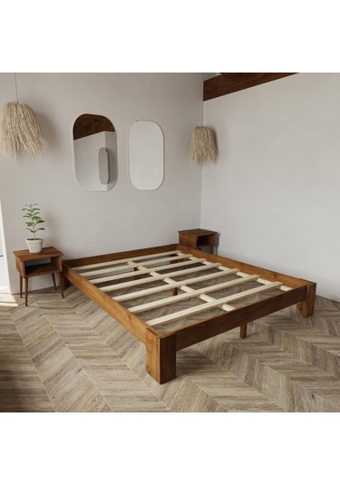 Soft Model Ceviz Renk Çam Ahşap Karyola Ve İki Komodin Set-211 150 x 200 CM