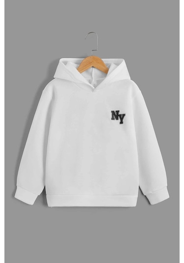 Ny Baskılı Erkek - Kız Çocuk Rahat Kalıp Sweatshirt Beyaz