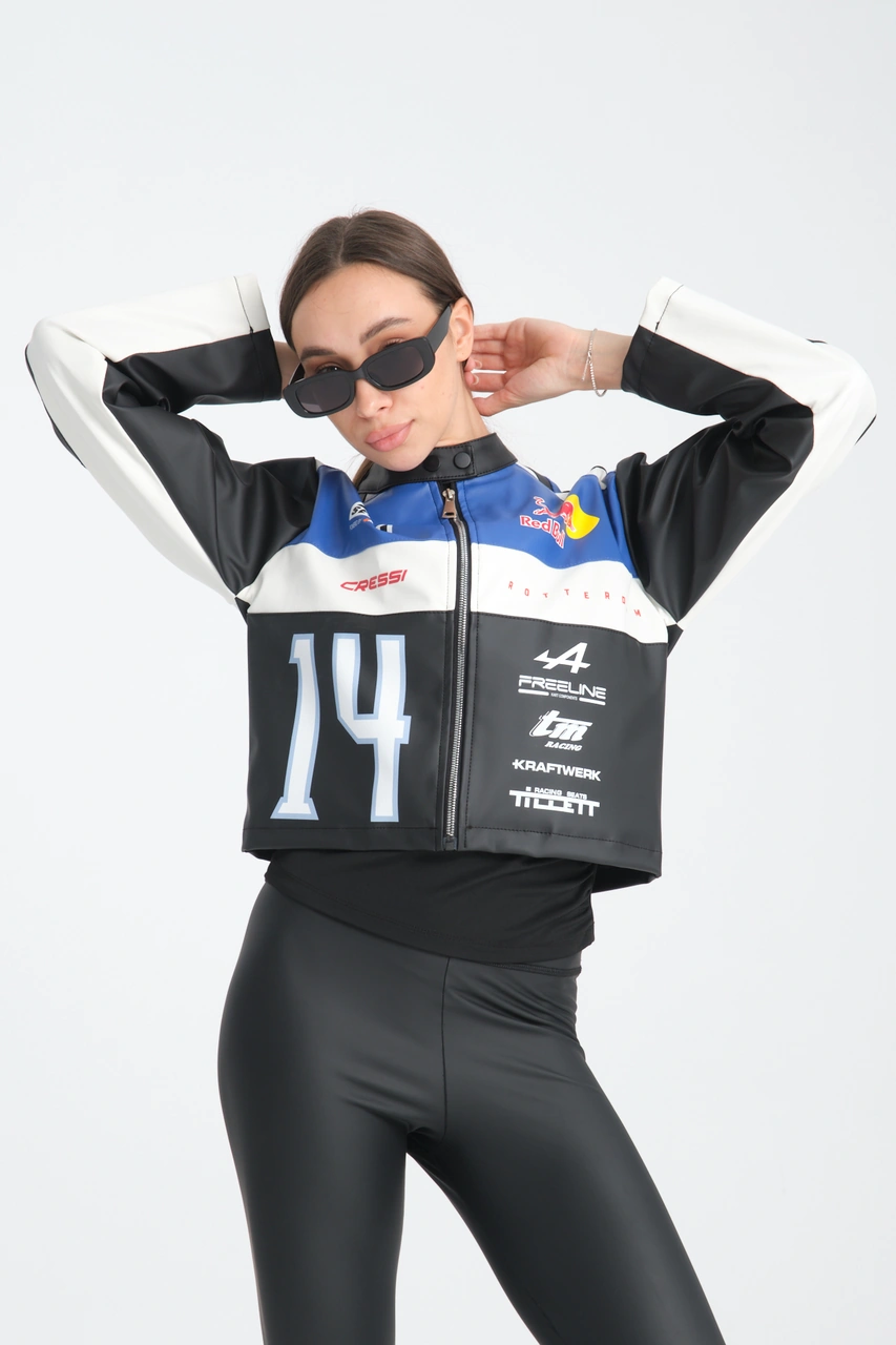 Kadın Oversize Baskılı Deri Şeritli Motorcu Montu Garnili Fermuarlı Yarışçı Ceketi Bomber Kolej Mont Mavi