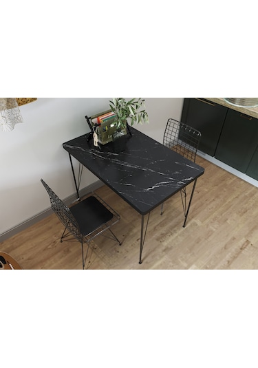 Arya 60x90 İki Kişilik Masa Takımı 2 Tel Sandalye Siyah Mermer