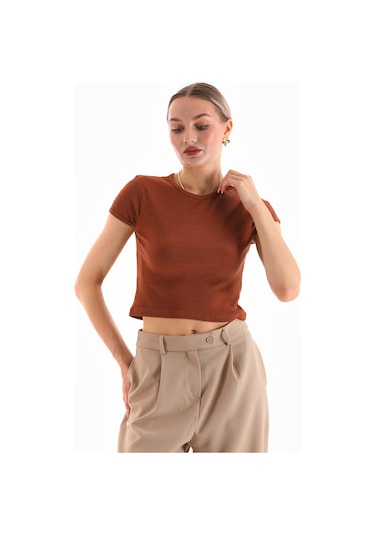 Kadın Likralı Kısa Kol Crop Bluz Kahve