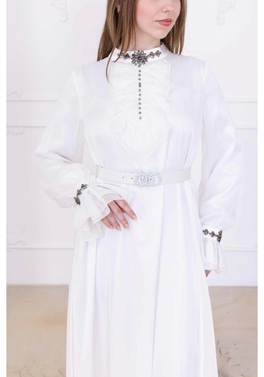 Yaka Fırfırlı Boncuk İşlemeli Şifon Abiye 2716-ekru Ekru