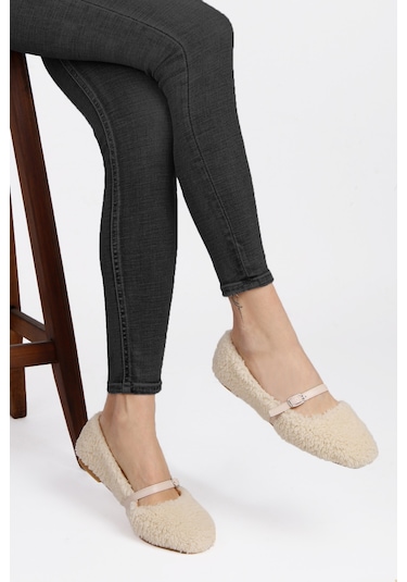 Kadın Şık Peluş Ev Ayakkabısı Babet Panduf - Krem