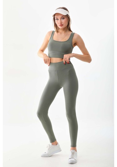 Kallima Haki Toparlayıcı Yüksek Bel Fitilli Spor Tayt-crop Takım Haki