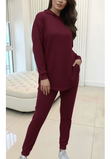 S-pazarım Kadın Uzun Kollu Kapşonlu Meloni Bluz Ve Pantolon Ikili Takım Bordo