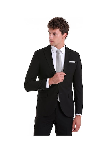 Hatemoğlu Siyah Slim Fit Mono Yaka Desenli Klasik Takım Elbise Siyah