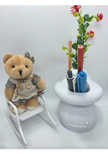 Kalemlik-ayıcık- Beyaz- Sima Mantar Çiçekli Üç Gözlü Kalemlik Düzenleyici Beyaz