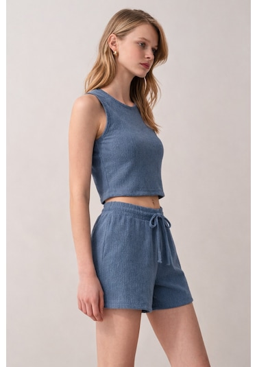 Kadın Bürümcük Basic Askılı Crop Kısa Şort Alt Üst Şortlu Takım Mavi