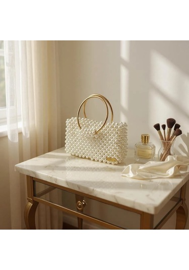 Plentiful İnci Boncuk Çanta, Abiye , Gece , Düğün, Gelin,nişan Çantası Krem