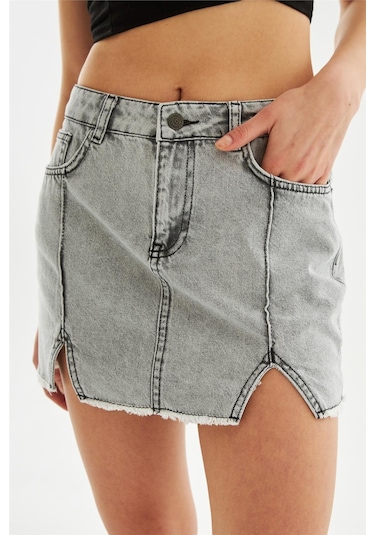 Kadın Pileli Yırtmaçlı Yüksek Bel Mini Kot Etek Antrasit-antrasit Antrasit