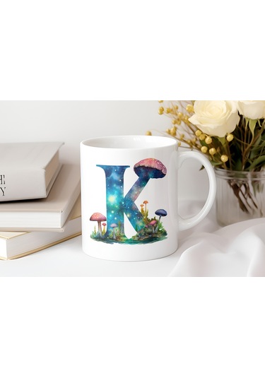 K Baş Harfi Fantastik Mantarlı Kupa Bardak - Kişiye Özel Masalsı Bardak - Hediye Beyaz