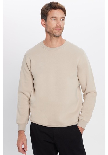 Unisex Oversize Geniş Kesim Pamuklu Yumuşak Dokulu Polarlı Basic Taş Renk Bisiklet Yaka Sweatshirt-23348 Taş