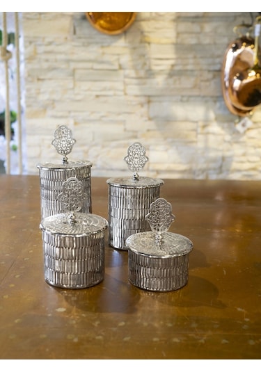 Bakır 4 'Lü Tırtıklı Baharat Takımı Gümüş