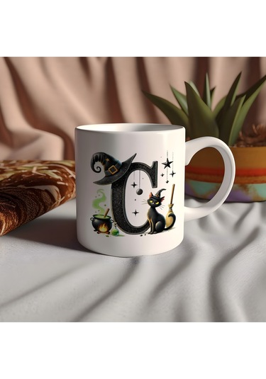 C Harfli Halloween Kedili Figür Kupa Bardak - Şapkalı Ve Kazanlı İsme Özel Kupa - Hediye 07 Beyaz
