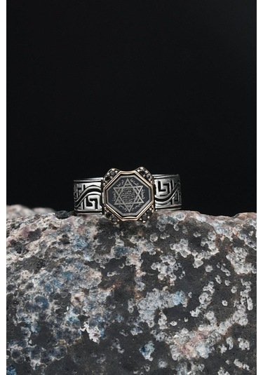 Grek Desenli 925 Ayar Gümüş Erkek Yüzüğü Hz. Süleyman Mührü 901232