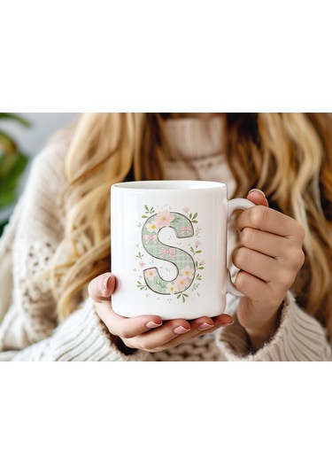 S Harfli Çiçek Desenli Kupa Bardak - Ekose Desenli Yeşil Pembe Desenli Tasarım - Kişiye Özel Hediye Beyaz