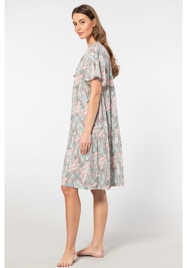 Türen Çiçek Desenli Kısa Kollu Elbise Gri