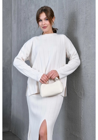 Kadın Bisiklet Yaka Yırtmaçlı Kazak Etek İkili Triko Takım Taş