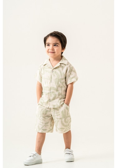 2'li Erkek Çocuk Yeşil Desenli Keten Şortlu Takım-1183 Yeşil
