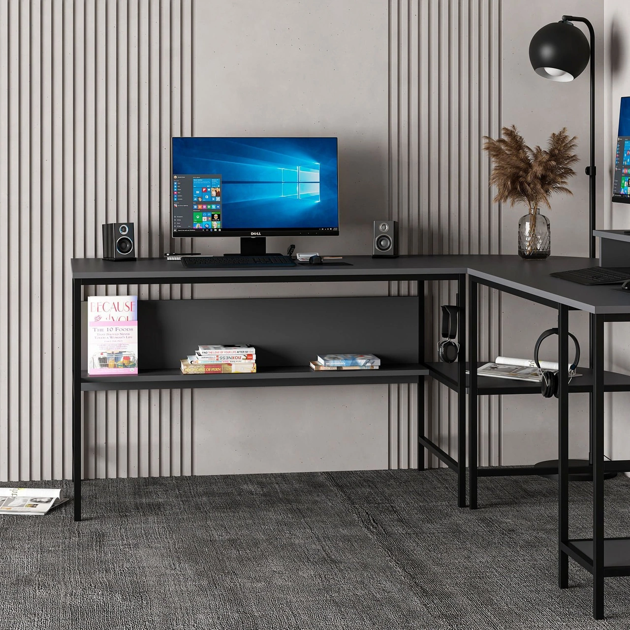 Minar Greta Raflı L Köşe Çalışma Masası - Antrasit Siyah