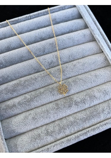 Altın Renk Yonca Model Zirkon Taşlı Kararmaz Paslanmaz Kadın Kolye