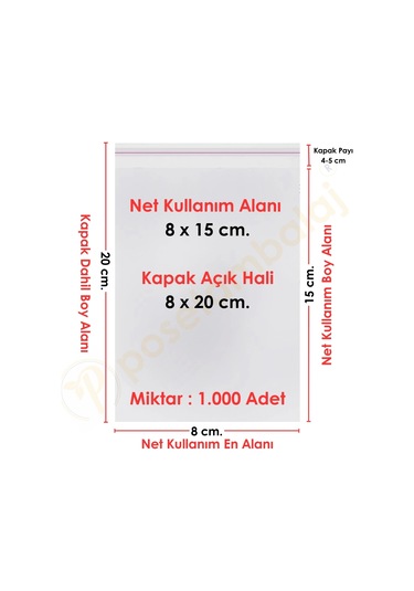 8x15+5 Cm. 8x20 1.000 Adet Şeffaf Bantlı Yapışkanlı Opp Poşet