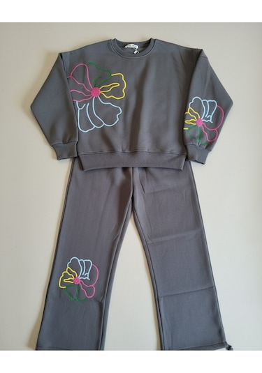 Kız Çocuk Çiçek Nakışlı 3 İplik Şardonlu Eşofman Takımı Gri