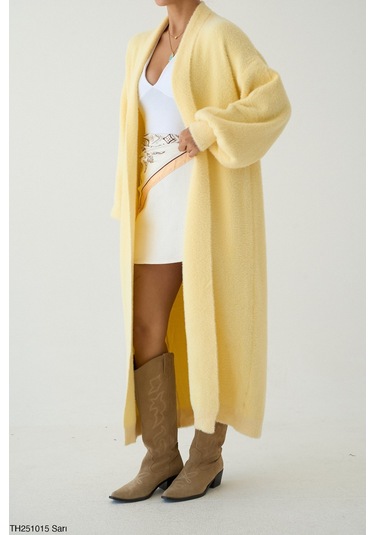 Kadın Giyim Oversize Uzun Peluş Hırka Yumuşak Dokulu, Rahat Ve Şık Tasarım Şık Kombinler Sarı