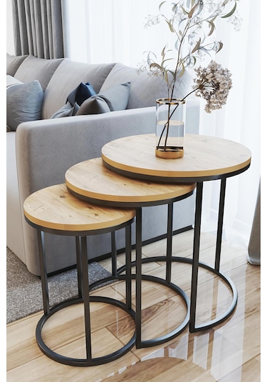 3' lü C Zigon Sehpa Siyah Ayak  Atlantik Çam 18mm Sunta