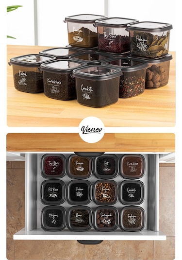 Vienev 24'lü Beyaz Serigrafi Etiketli Peggy Kare Erzak Ve Baharat Full Set 6x 1,75 1,2, 0,55, 0,45 Ant Şeffaf